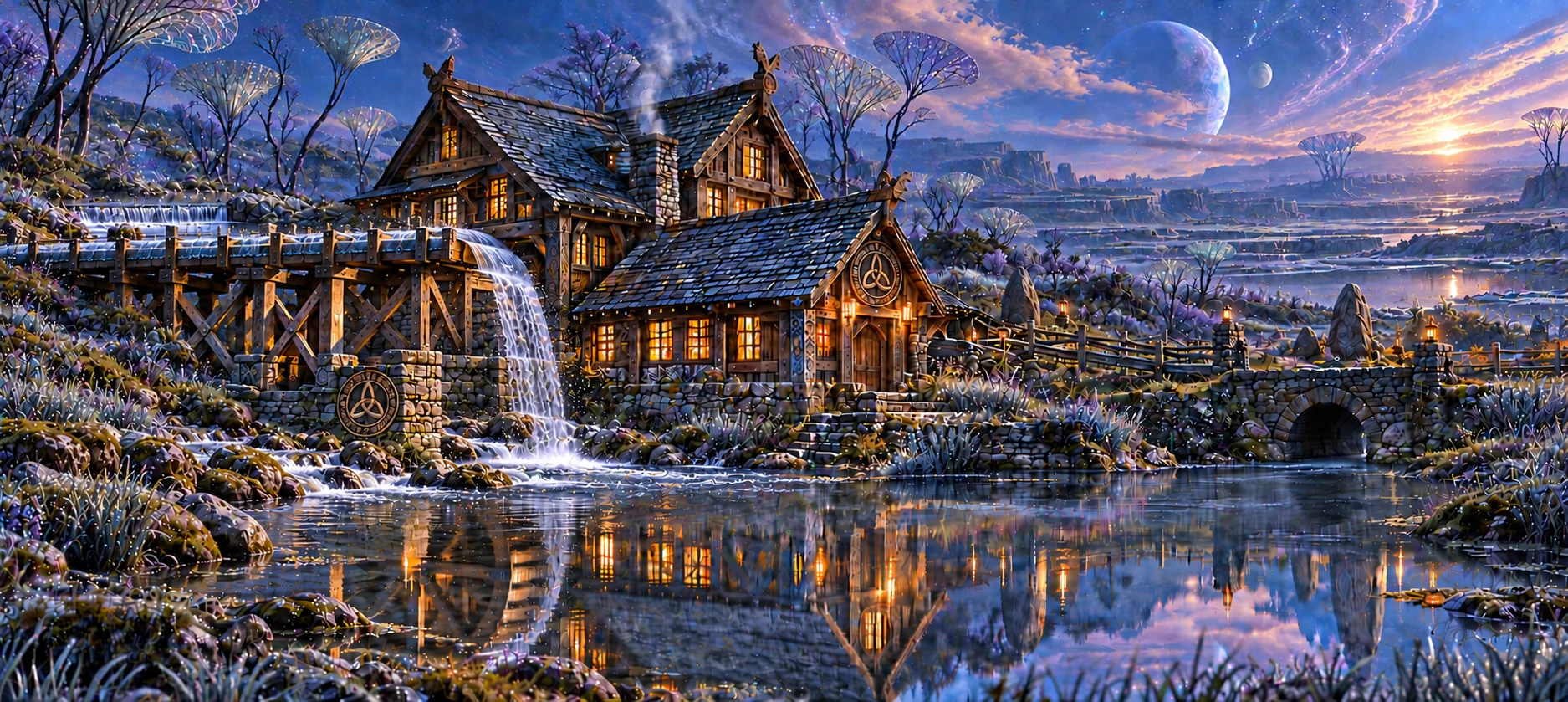A Norse and Pictish inspired mill beside an alien lake, with an elevated flume feeding its waterwheel, mineral terraces, unusual fanlike plants, and distant moons